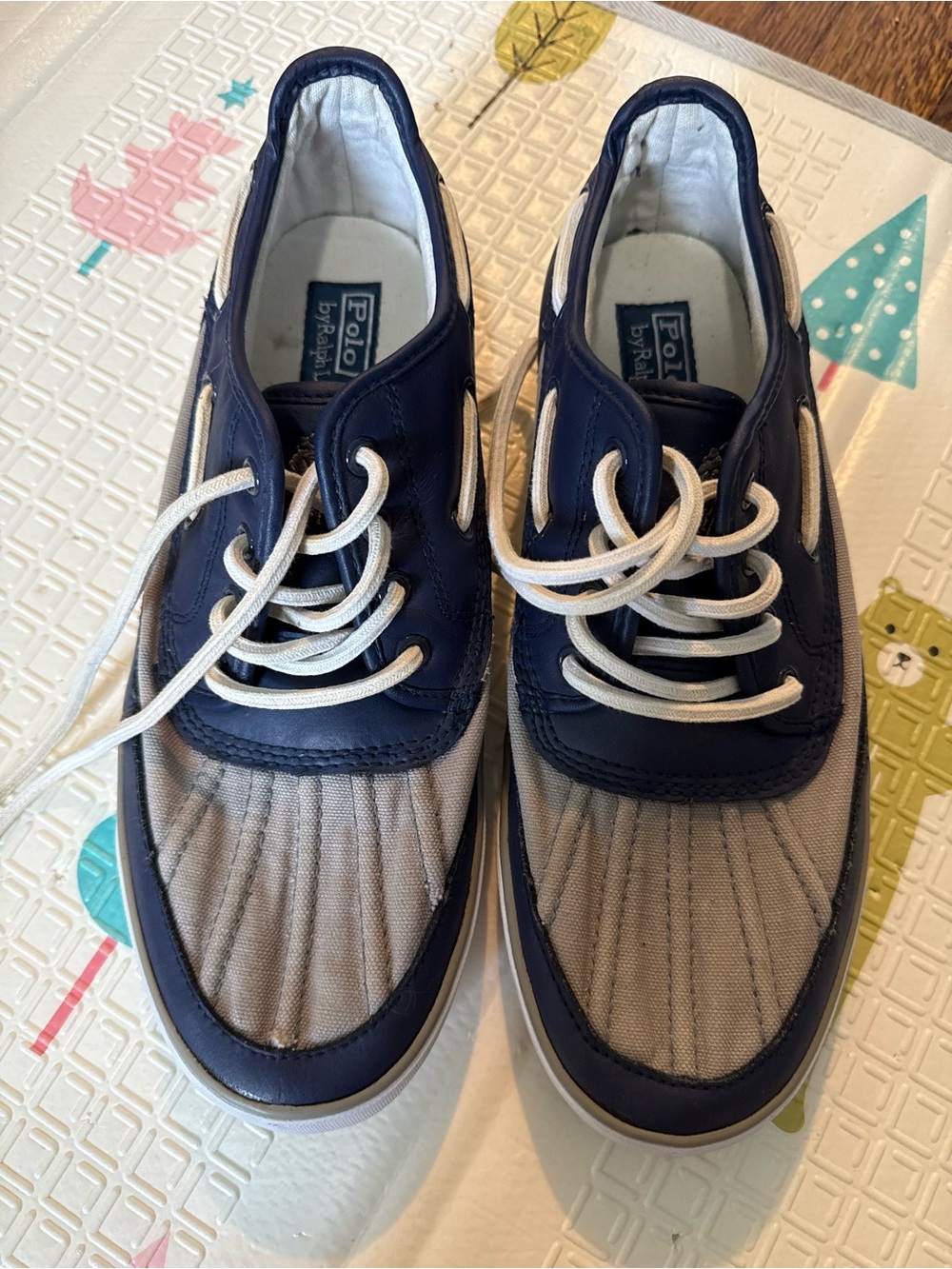 Polo by Ralph Lauren Navy and Tan Canvas Leather Boat Shoes
